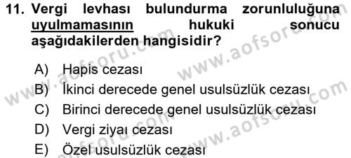 Vergi Hukuku Dersi 2015 - 2016 Yılı (Final) Dönem Sonu Sınav Soruları 11. Soru