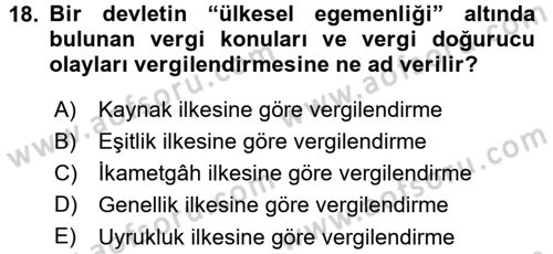 Vergi Hukuku Dersi 2015 - 2016 Yılı (Final) Dönem Sonu Sınav Soruları 18. Soru