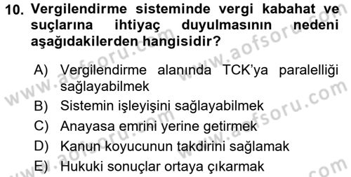 Vergi Hukuku Dersi 2015 - 2016 Yılı Tek Ders Sınav Soruları 10. Soru