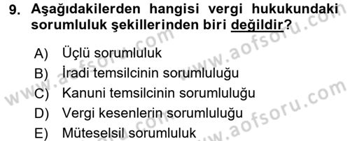 Vergi Hukuku Dersi 2017 - 2018 Yılı (Vize) Ara Sınav Soruları 9. Soru
