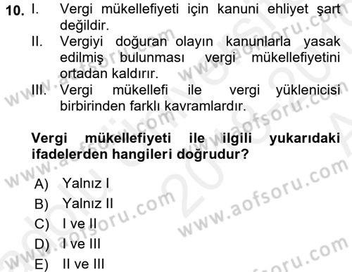 Vergi Hukuku Dersi 2018 - 2019 Yılı (Vize) Ara Sınav Soruları 10. Soru