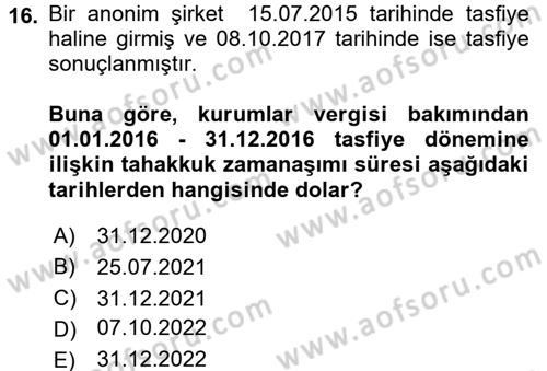 Vergi Hukuku Dersi 2018 - 2019 Yılı (Vize) Ara Sınav Soruları 16. Soru