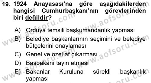 Türk İdare Tarihi Dersi 2017 - 2018 Yılı (Final) Dönem Sonu Sınav Soruları 19. Soru