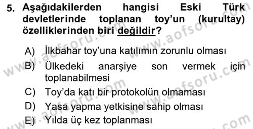 Türk İdare Tarihi Dersi Ara Sınavı Deneme Sınav Soruları 5. Soru