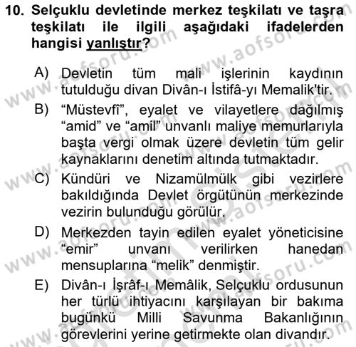 Türk İdare Tarihi Dersi Ara Sınavı Deneme Sınav Soruları 10. Soru