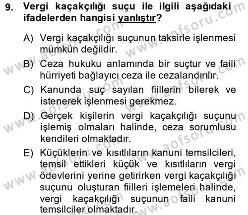 Vergi Ceza Hukuku Dersi 2014 - 2015 Yılı (Vize) Ara Sınav Soruları 9. Soru
