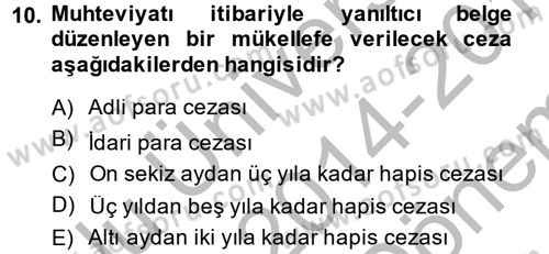 Vergi Ceza Hukuku Dersi 2014 - 2015 Yılı (Final) Dönem Sonu Sınav Soruları 10. Soru