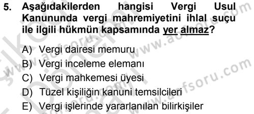 Vergi Ceza Hukuku Dersi 2014 - 2015 Yılı Tek Ders Sınav Soruları 5. Soru