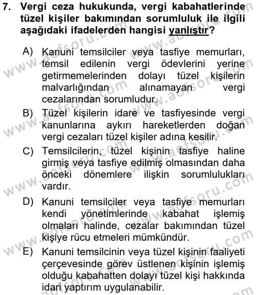 Vergi Ceza Hukuku Dersi Ara Sınavı Deneme Sınav Soruları 7. Soru
