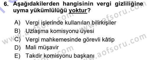 Vergi Ceza Hukuku Dersi 2015 - 2016 Yılı (Final) Dönem Sonu Sınav Soruları 6. Soru