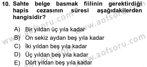 Vergi Ceza Hukuku Dersi 2016 - 2017 Yılı 3 Ders Sınav Soruları 10. Soru