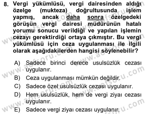 Vergi Ceza Hukuku Dersi 2016 - 2017 Yılı (Vize) Ara Sınav Soruları 8. Soru