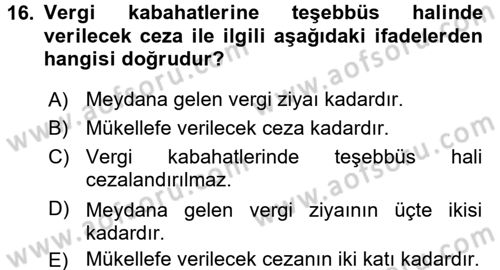 Vergi Ceza Hukuku Dersi Ara Sınavı Deneme Sınav Soruları 16. Soru