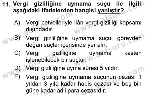Vergi Ceza Hukuku Dersi 2017 - 2018 Yılı (Final) Dönem Sonu Sınav Soruları 11. Soru