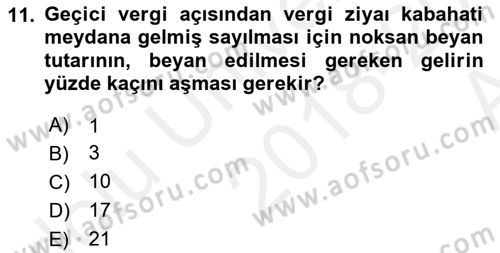 Vergi Ceza Hukuku Dersi 2018 - 2019 Yılı (Vize) Ara Sınav Soruları 11. Soru