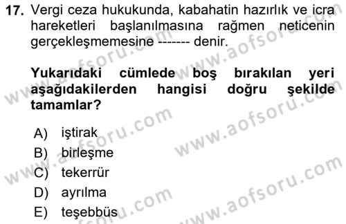 Vergi Ceza Hukuku Dersi 2018 - 2019 Yılı (Vize) Ara Sınav Soruları 17. Soru