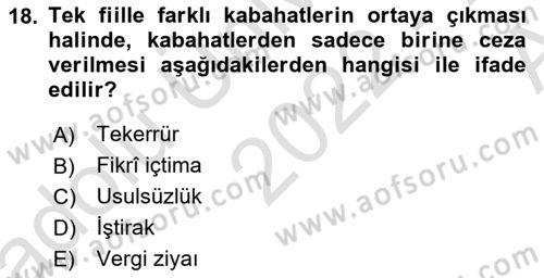 Vergi Ceza Hukuku Dersi 2022 - 2023 Yılı (Vize) Ara Sınav Soruları 18. Soru