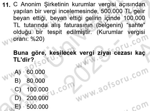 Vergi Ceza Hukuku Dersi Ara Sınavı Deneme Sınav Soruları 11. Soru