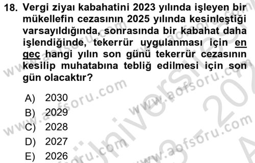 Vergi Ceza Hukuku Dersi 2023 - 2024 Yılı (Vize) Ara Sınav Soruları 18. Soru