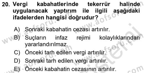 Vergi Ceza Hukuku Dersi Ara Sınavı Deneme Sınav Soruları 20. Soru