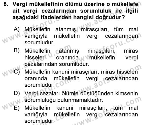 Vergi Ceza Hukuku Dersi Ara Sınavı Deneme Sınav Soruları 8. Soru