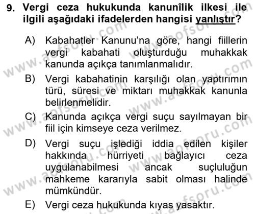 Vergi Ceza Hukuku Dersi 2023 - 2024 Yılı (Vize) Ara Sınav Soruları 9. Soru