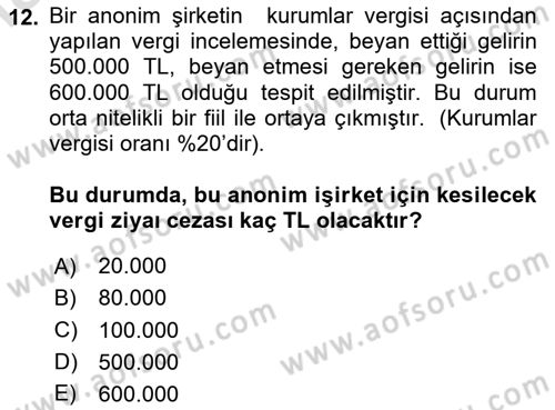 Vergi Ceza Hukuku Dersi 2024 - 2025 Yılı (Vize) Ara Sınav Soruları 12. Soru