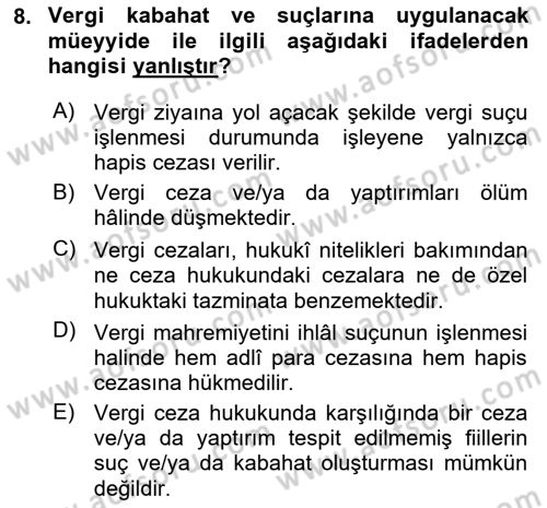 Vergi Ceza Hukuku Dersi 2024 - 2025 Yılı (Vize) Ara Sınav Soruları 8. Soru