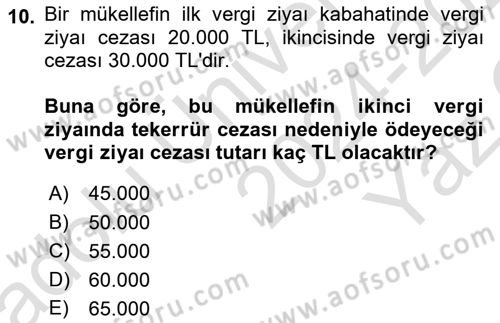 Vergi Ceza Hukuku Dersi 2024 - 2025 Yılı Yaz Okulu Sınav Soruları 10. Soru