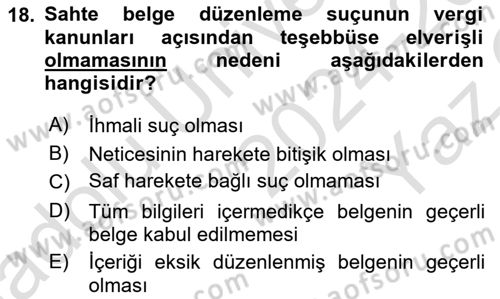 Vergi Ceza Hukuku Dersi 2024 - 2025 Yılı Yaz Okulu Sınav Soruları 18. Soru