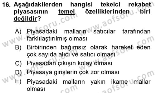 İktisada Giriş Dersi 2018 - 2019 Yılı (Vize) Ara Sınav Soruları 16. Soru