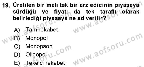 İktisada Giriş Dersi 2018 - 2019 Yılı (Vize) Ara Sınav Soruları 19. Soru