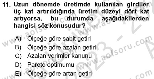 İktisada Giriş Dersi 2023 - 2024 Yılı (Vize) Ara Sınavı 11. Soru