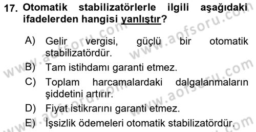 İktisada Giriş Dersi 2024 - 2025 Yılı (Final) Dönem Sonu Sınav Soruları 17. Soru