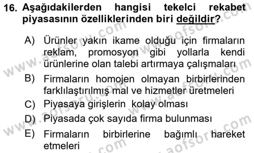 İktisada Giriş Dersi 2025 - 2026 Yılı (Vize) Ara Sınav Soruları 16. Soru