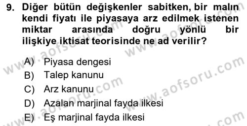 İktisada Giriş Dersi 2025 - 2026 Yılı (Vize) Ara Sınav Soruları 9. Soru