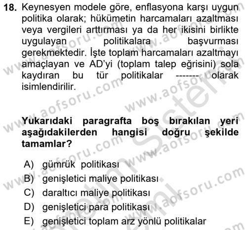 İktisada Giriş Dersi 2025 - 2026 Yılı (Final) Dönem Sonu Sınav Soruları 18. Soru