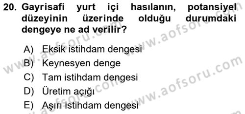 İktisada Giriş Dersi 2025 - 2026 Yılı (Final) Dönem Sonu Sınav Soruları 20. Soru
