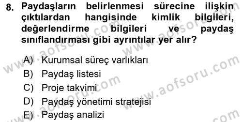 Proje Yönetimi Dersi 2017 - 2018 Yılı 3 Ders Sınav Soruları 8. Soru