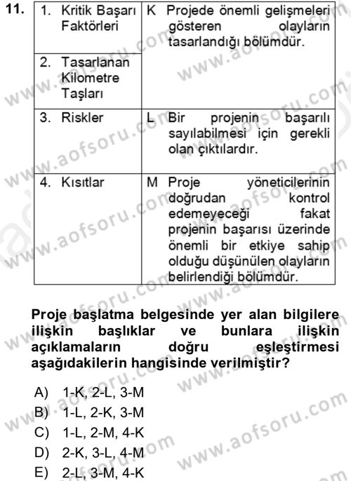 Proje Yönetimi Dersi 2017 - 2018 Yılı (Vize) Ara Sınav Soruları 11. Soru