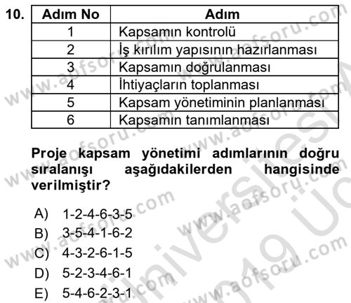 Proje Yönetimi Dersi 2018 - 2019 Yılı 3 Ders Sınav Soruları 10. Soru