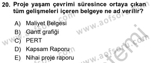 Proje Yönetimi Dersi 2018 - 2019 Yılı Yaz Okulu Sınav Soruları 20. Soru