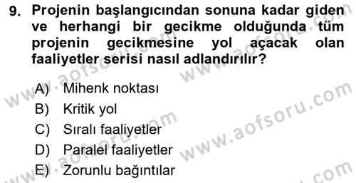 Proje Yönetimi Dersi 2018 - 2019 Yılı Yaz Okulu Sınav Soruları 9. Soru