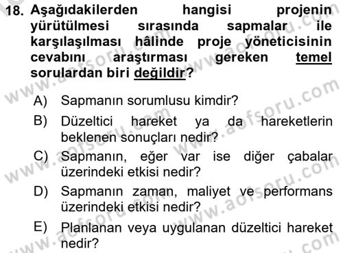 Proje Yönetimi Dersi 2020 - 2021 Yılı Yaz Okulu Sınav Soruları 18. Soru