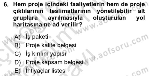 Proje Yönetimi Dersi 2020 - 2021 Yılı Yaz Okulu Sınav Soruları 6. Soru