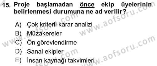 Proje Yönetimi Dersi 2021 - 2022 Yılı Yaz Okulu Sınav Soruları 15. Soru