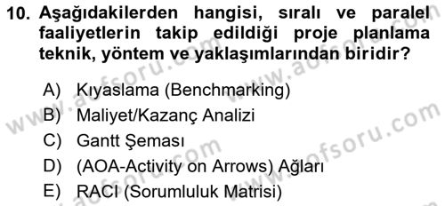 Proje Yönetimi Dersi 2022 - 2023 Yılı Yaz Okulu Sınav Soruları 10. Soru