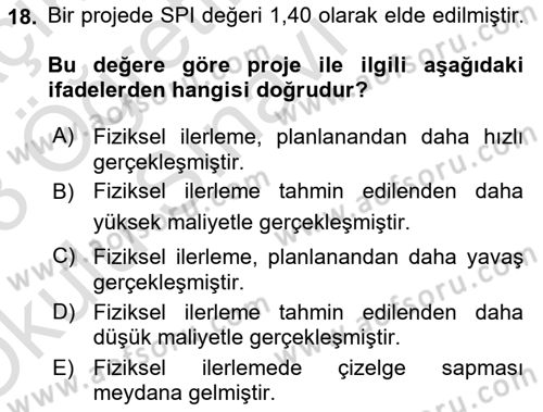 Proje Yönetimi Dersi 2022 - 2023 Yılı Yaz Okulu Sınav Soruları 18. Soru
