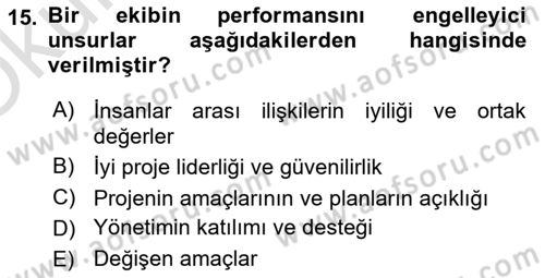 Proje Yönetimi Dersi 2023 - 2024 Yılı Yaz Okulu Sınav Soruları 15. Soru