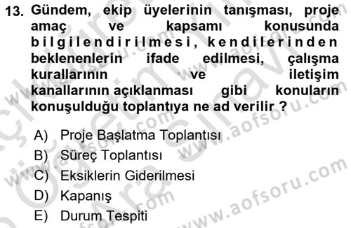Proje Yönetimi Dersi 2024 - 2025 Yılı (Vize) Ara Sınav Soruları 13. Soru